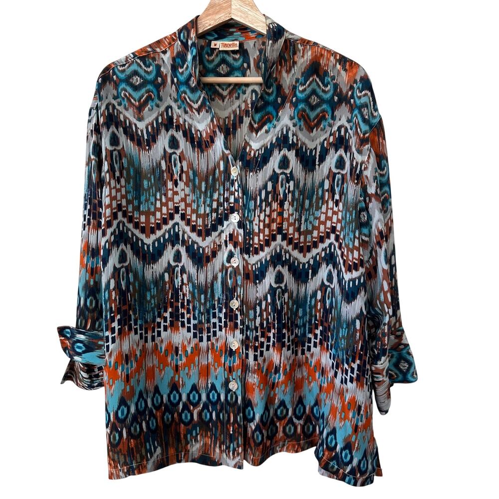 Vintage Tianello Paisley Multi Color Aztec Tribal  Button Up 100% Silk Blouse  M